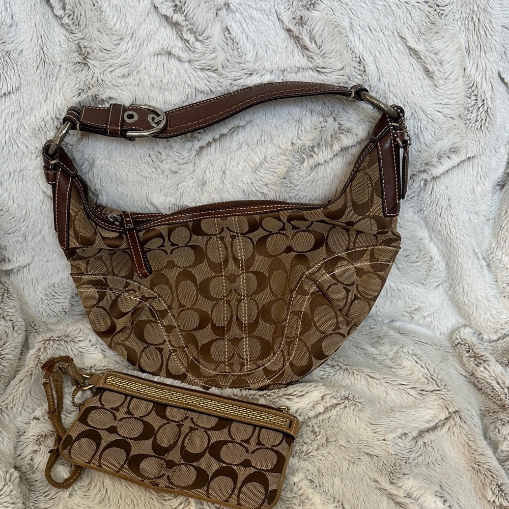Coach Tan and Brown Signature Bag with Wristlet